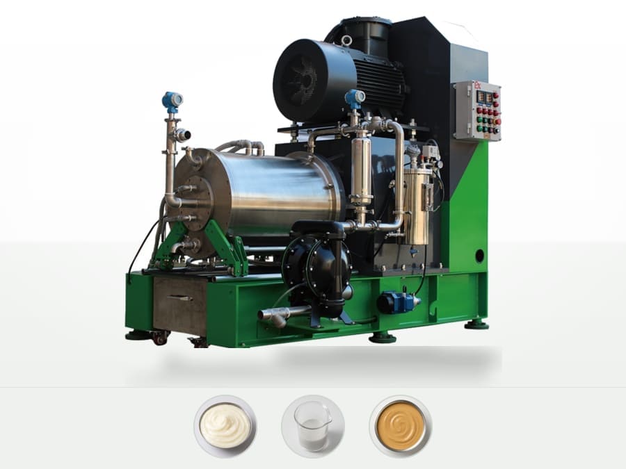 Moinho ultrafino RWM-C: câmara horizontal inox, motor preto, base verde e caixa de comando à prova de explosão